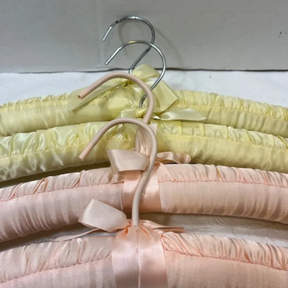 Four Classic Padded Pastel Satin Dress Clothes Hangers Yellow Peach 15.5